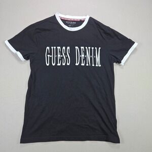 Guess T-Shirt Ringer Graphic Logo Puff Print Black Mens Size M